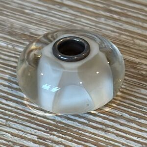 Trollbeads clear glass bead with white abstract inside sterling silver core